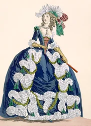 Vestido de corte real elaborado en azul marino con diseño de volantes blancos lujosos, grabado por Dupin, placa no.277 de 